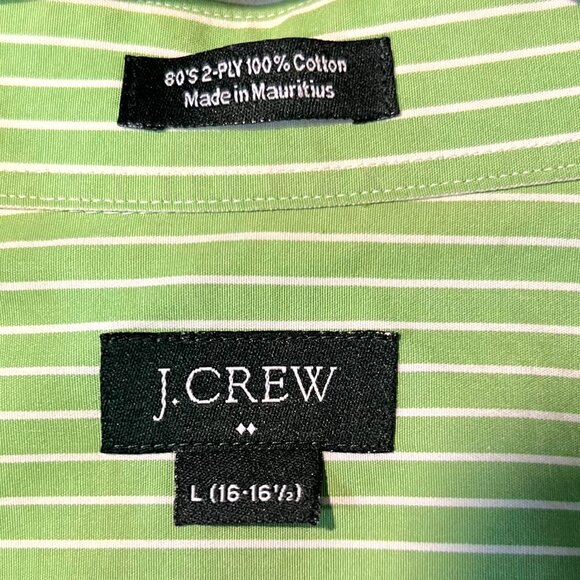 J. Crew 80s 2-Ply 100% Cotton Green & White Striped Long-Sleeve Button-Up SZ Lr - Picture 2 of 5